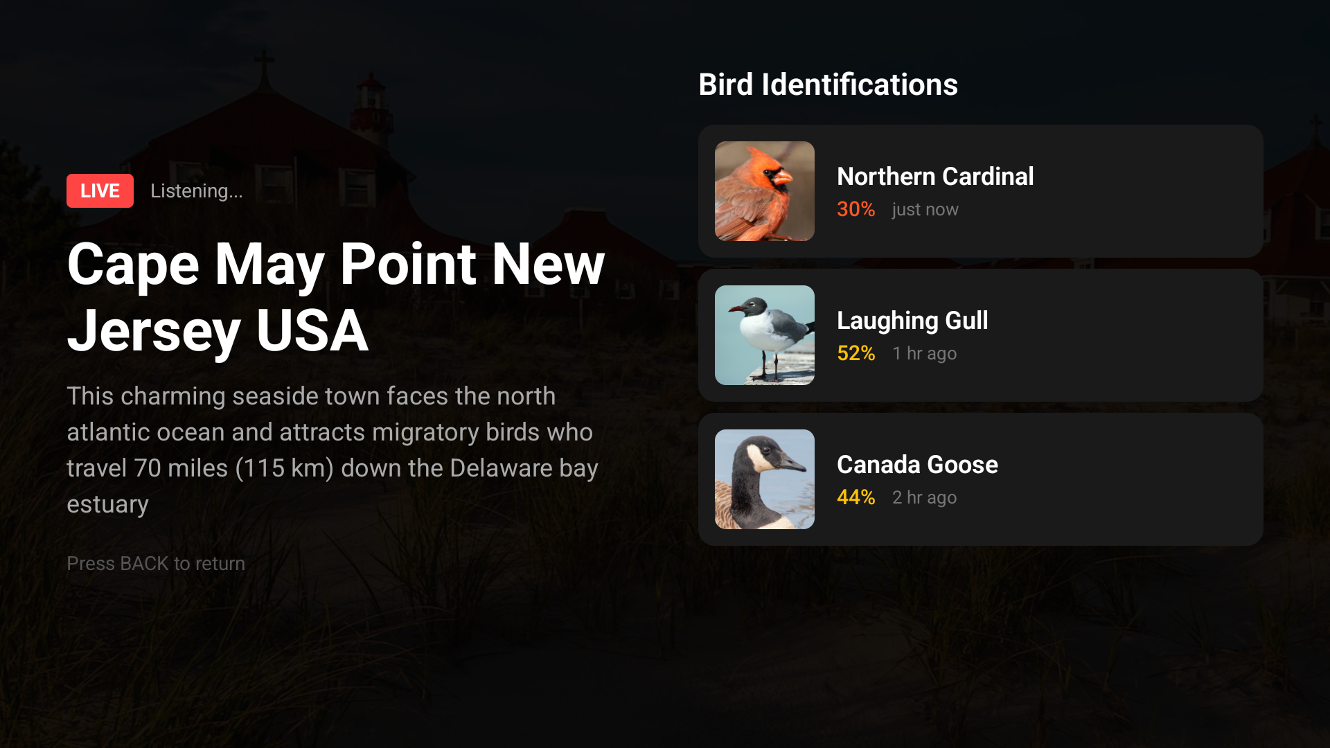 Terra Listens on Fire TV - Live stream with bird identifications