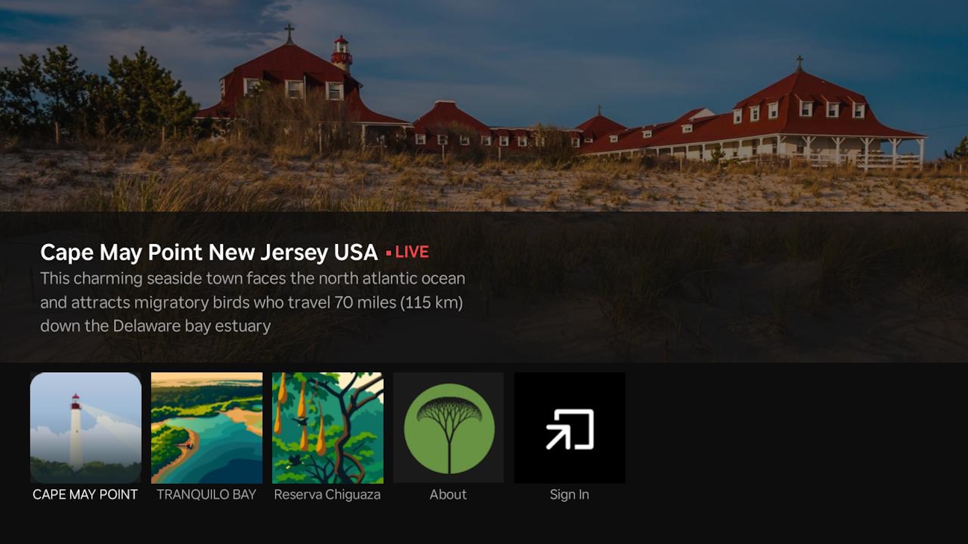 Terra Listens on TV - Station browser showing Cape May Point and curated listening sites